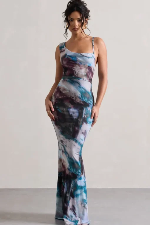 Phantasy | Multi Print Asymmetric Neckline Cowl Maxi Dress