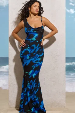 Phantasy | Navy Floral Print Asymmetric Neckline Cowl Maxi Dress