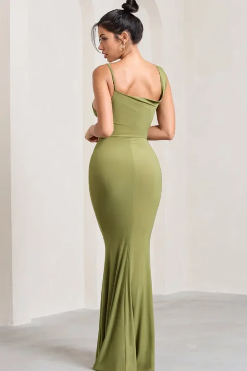 Phantasy | Olive Asymmetric Neckline Cowl Maxi Dress