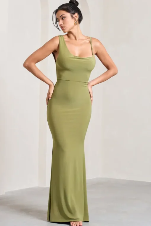 Phantasy | Olive Asymmetric Neckline Cowl Maxi Dress