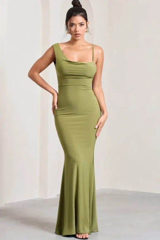 Phantasy | Olive Asymmetric Neckline Cowl Maxi Dress