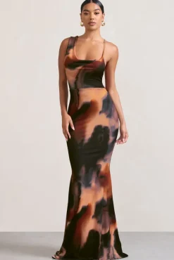Phantasy |  Orange Smoke Print Asymmetric Neckline Cowl Maxi Dress