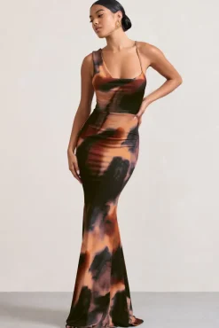 Phantasy |  Orange Smoke Print Asymmetric Neckline Cowl Maxi Dress
