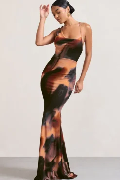 Phantasy |  Orange Smoke Print Asymmetric Neckline Cowl Maxi Dress