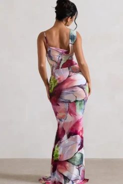 Phantasy | Pink Floral Print Asymmetric Neckline Cowl Maxi Dress
