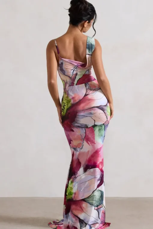 Phantasy | Pink Floral Print Asymmetric Neckline Cowl Maxi Dress