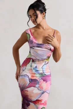 Phantasy | Pink Floral Print Asymmetric Neckline Cowl Maxi Dress