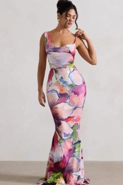 Phantasy | Pink Floral Print Asymmetric Neckline Cowl Maxi Dress