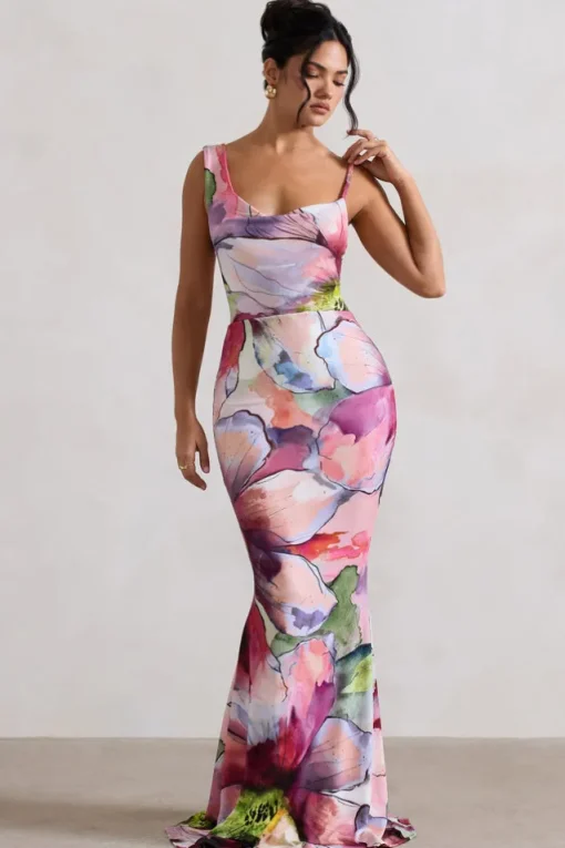 Phantasy | Pink Floral Print Asymmetric Neckline Cowl Maxi Dress