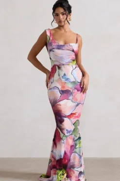 Phantasy | Pink Floral Print Asymmetric Neckline Cowl Maxi Dress