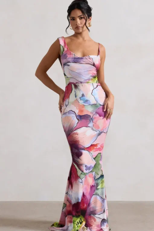 Phantasy | Pink Floral Print Asymmetric Neckline Cowl Maxi Dress