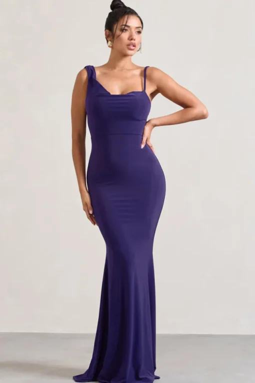 Phantasy | Purple Asymmetric Neckline Cowl Maxi Dress