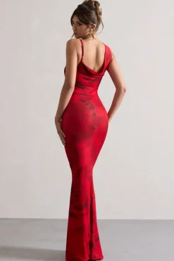 Phantasy | Red Rose Print Asymmetric Neckline Cowl Maxi Dress