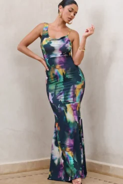 Phantasy | Watercolour Print Asymmetric Neckline Cowl Maxi Dress