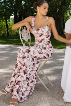 Phantasy | White Floral Print Asymmetric Neckline Cowl Maxi Dress