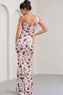 Phantasy | White Floral Print Asymmetric Neckline Cowl Maxi Dress