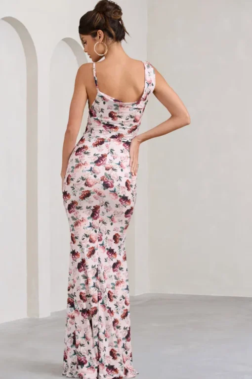 Phantasy | White Floral Print Asymmetric Neckline Cowl Maxi Dress