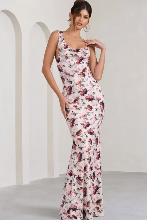 Phantasy | White Floral Print Asymmetric Neckline Cowl Maxi Dress