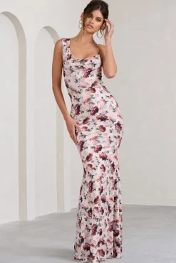 Phantasy | White Floral Print Asymmetric Neckline Cowl Maxi Dress