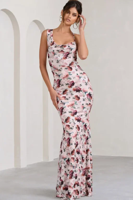 Phantasy | White Floral Print Asymmetric Neckline Cowl Maxi Dress