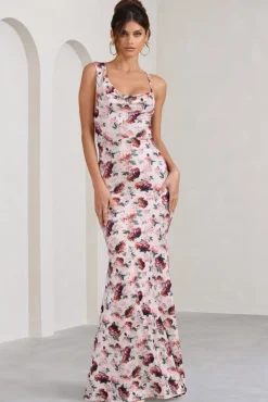 Phantasy | White Floral Print Asymmetric Neckline Cowl Maxi Dress