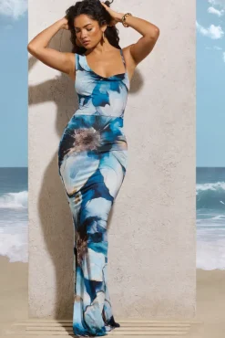 Phantasy | White Print Asymmetric Neckline Cowl Maxi Dress