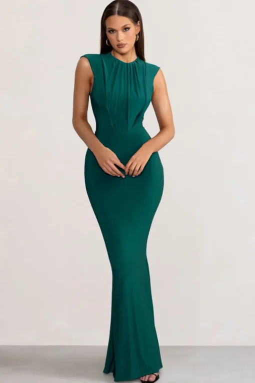 Phoenix | Bottle Green Sleeveless Maxi Dress with Hood