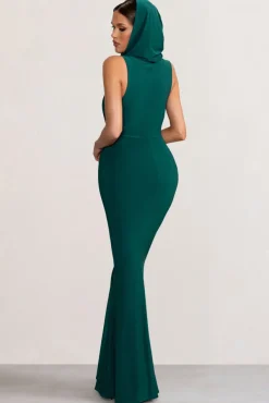 Phoenix | Bottle Green Sleeveless Maxi Dress with Hood