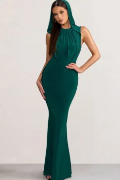 Phoenix | Bottle Green Sleeveless Maxi Dress with Hood