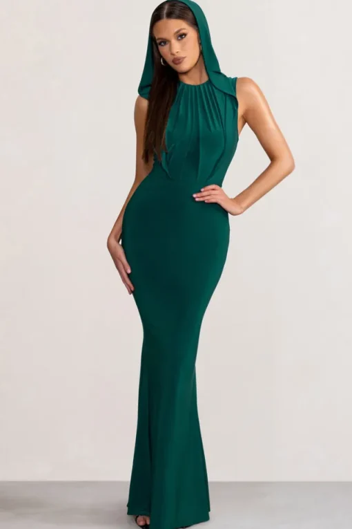 Phoenix | Bottle Green Sleeveless Maxi Dress with Hood
