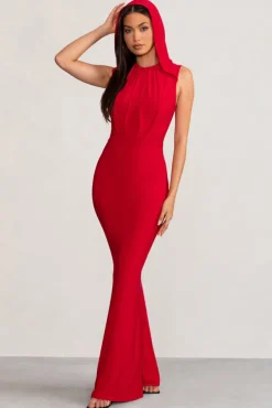 Phoenix | Red Sleeveless Maxi Dress with Hood