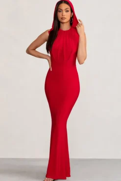 Phoenix | Red Sleeveless Maxi Dress with Hood