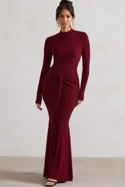 Pietra | Berry High-Neck Long Sleeve Knot Maxi Dress