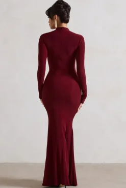 Pietra | Berry High-Neck Long Sleeve Knot Maxi Dress
