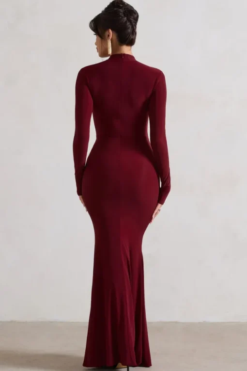 Pietra | Berry High-Neck Long Sleeve Knot Maxi Dress