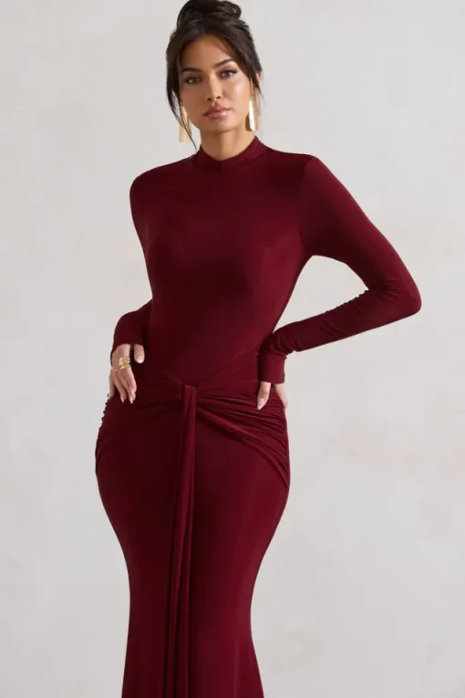 Pietra | Berry High-Neck Long Sleeve Knot Maxi Dress