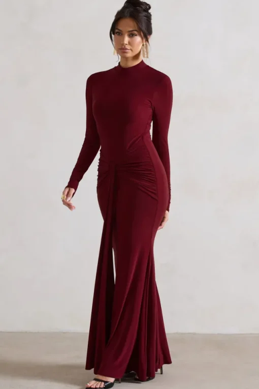 Pietra | Berry High-Neck Long Sleeve Knot Maxi Dress