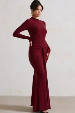 Pietra | Berry High-Neck Long Sleeve Knot Maxi Dress