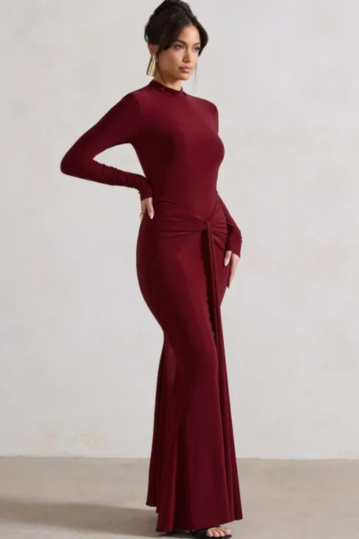 Pietra | Berry High-Neck Long Sleeve Knot Maxi Dress