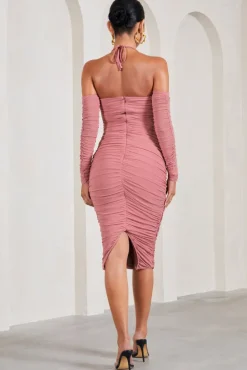 Pixie | Blush Pink Ruched Long-Sleeved Halter-Neck Maternity Midi Dress