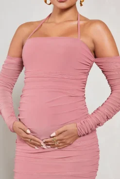 Pixie | Blush Pink Ruched Long-Sleeved Halter-Neck Maternity Midi Dress