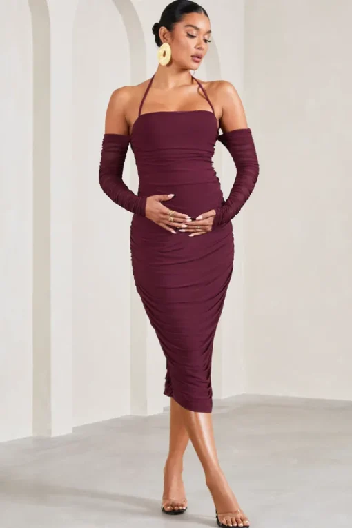 Pixie | Burgundy Ruched Long-Sleeved Halter-Neck Maternity Midi Dress