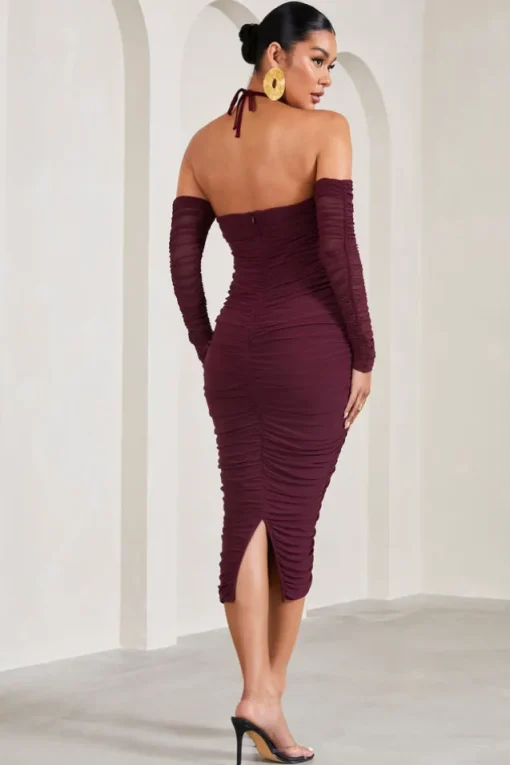 Pixie | Burgundy Ruched Long-Sleeved Halter-Neck Maternity Midi Dress
