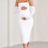 Pixie | White Ruched Long-Sleeved Halter-Neck Maternity Midi Dress