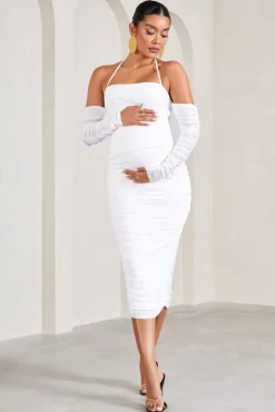 Pixie | White Ruched Long-Sleeved Halter-Neck Maternity Midi Dress
