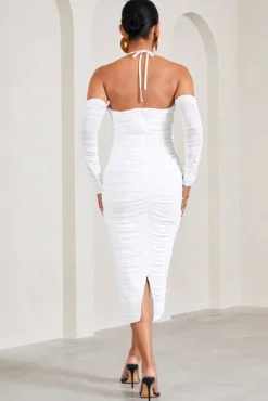 Pixie | White Ruched Long-Sleeved Halter-Neck Maternity Midi Dress