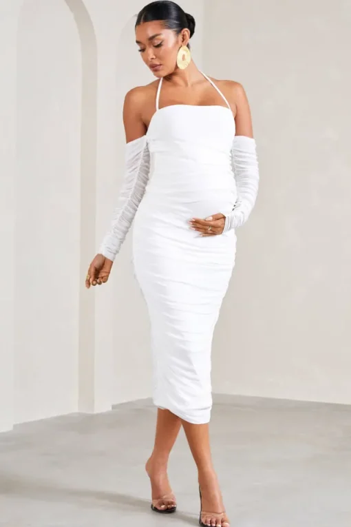 Pixie | White Ruched Long-Sleeved Halter-Neck Maternity Midi Dress