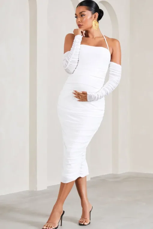 Pixie | White Ruched Long-Sleeved Halter-Neck Maternity Midi Dress