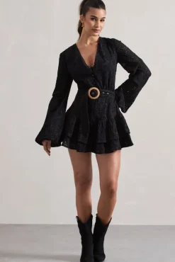 Places To Be | Black Broderie Belted Ruffled Playsuit