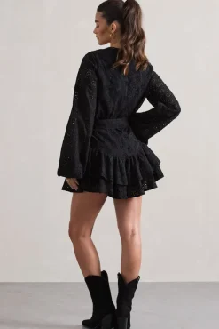 Places To Be | Black Broderie Belted Ruffled Playsuit